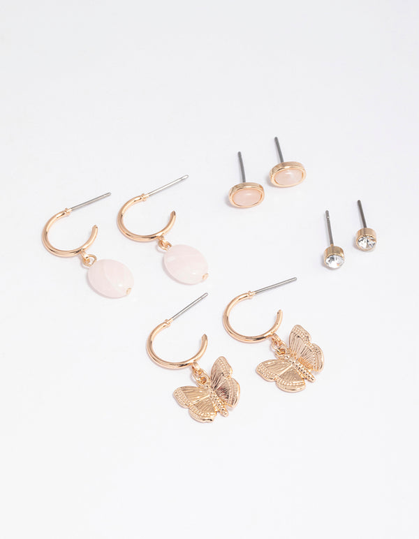 Gold Rose Quartz Butterfly Stacker Earrings