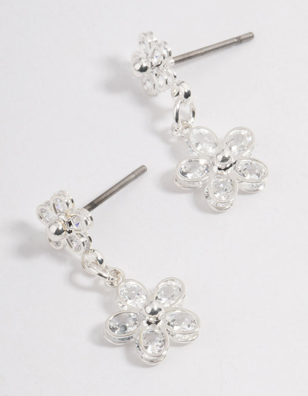 Silver Cubic Zirconia Double Daisy Drop Earrings