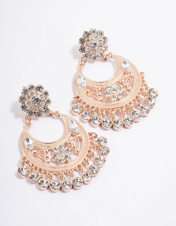 Rose Gold Diamante Flower Drape Earrings