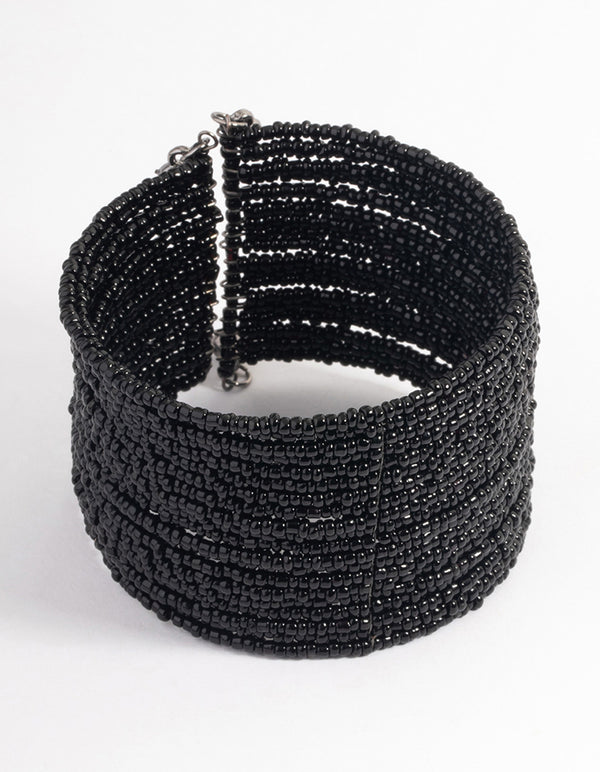 Coated Black Small Beaded Cuff Bangle