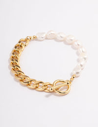 Gold Plated Freshwater Pearl Half Chain FOB Bracelet - link has visual effect only