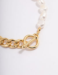 Gold Plated Freshwater Pearl Half Chain FOB Bracelet - link has visual effect only