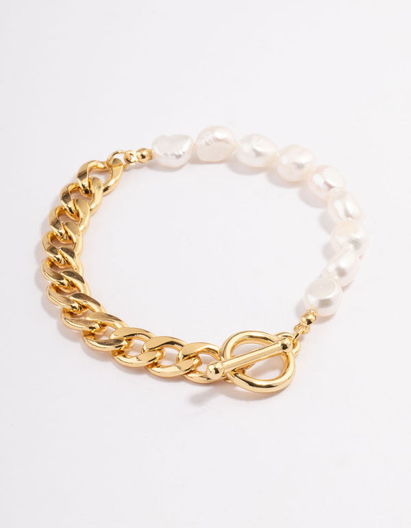 Gold Plated Freshwater Pearl Half Chain FOB Bracelet