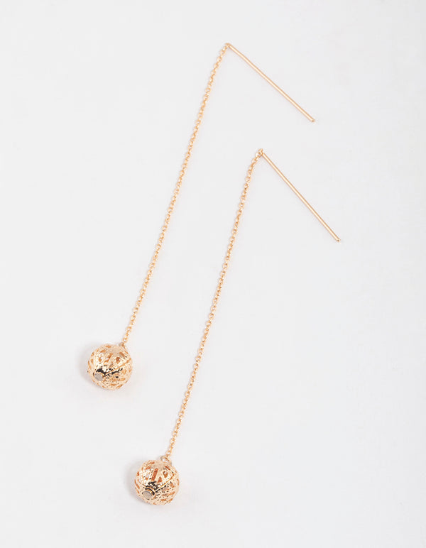 Gold Filigree Ball Threader Drop Earrings