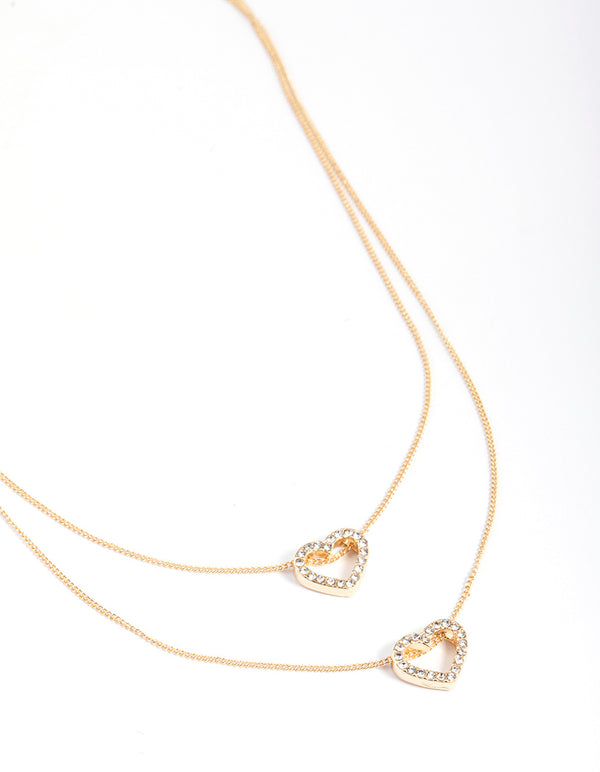 Gold Double Diamante Open Heart Necklace