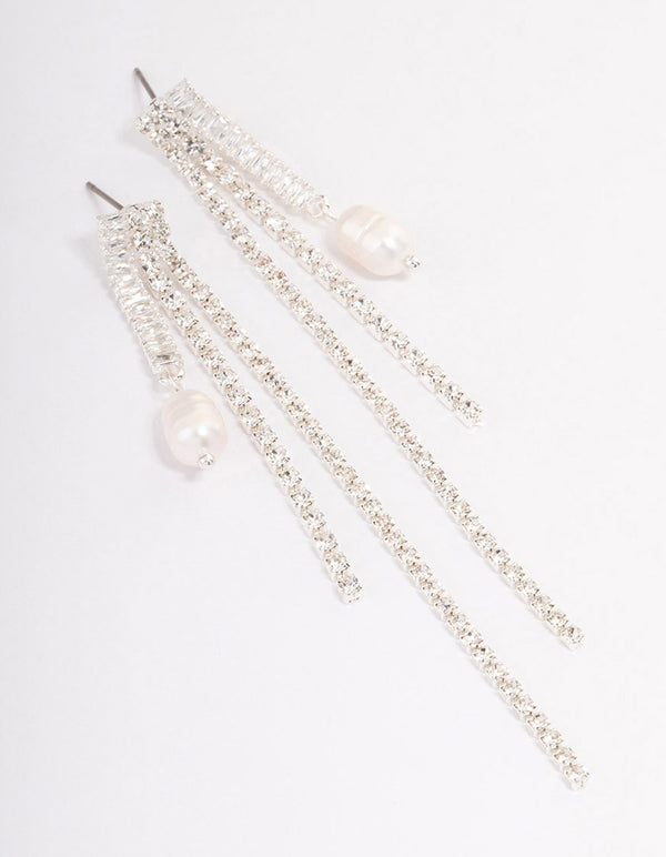 Silver Plated Cubic Zirconia Cupchain Pearl Drop Earrings