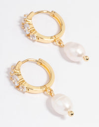 Gold Plated Freshwater Pearl Cubic Zirconia Small Huggie Hoop Earrings - link has visual effect only