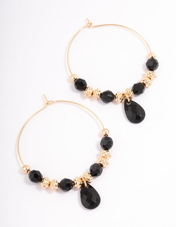 Black Mixed Facet Beaded Hoop Earrings