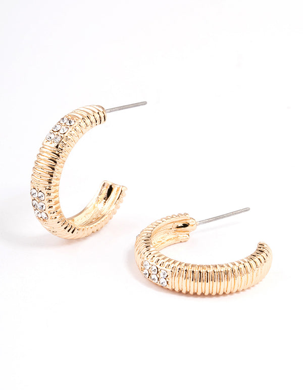 Gold Diamante Corrugation Hoop Earrings