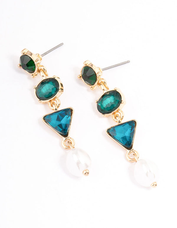 Green Mixed Stone & Pearl Graduated Drop Earrings