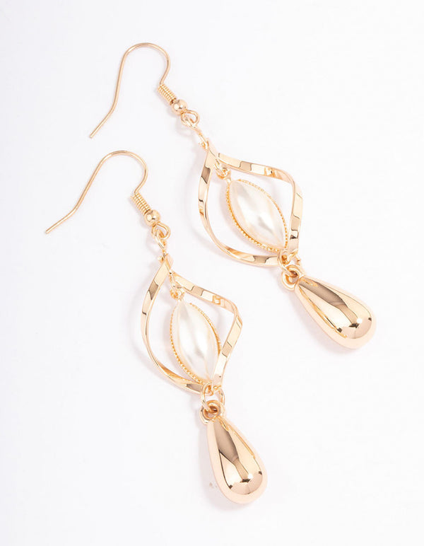 Gold Open Twisted Pearl Drop Earrings