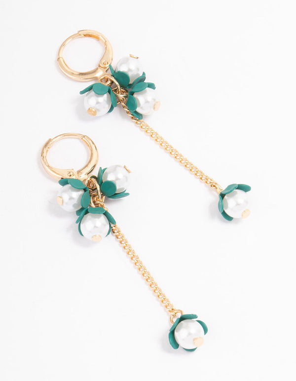 Green Flower Pearl Chain Drop Earrings