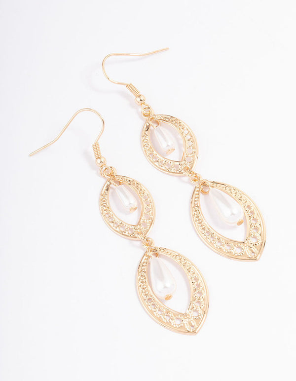 Gold Open Marquise & Pearl Drop Earrings