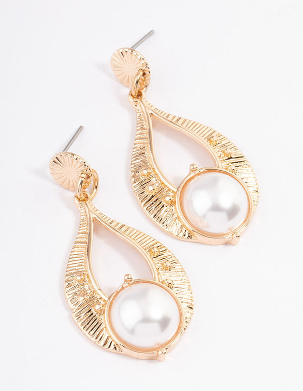 Gold Ray Ornate Pearl Drop Earrings