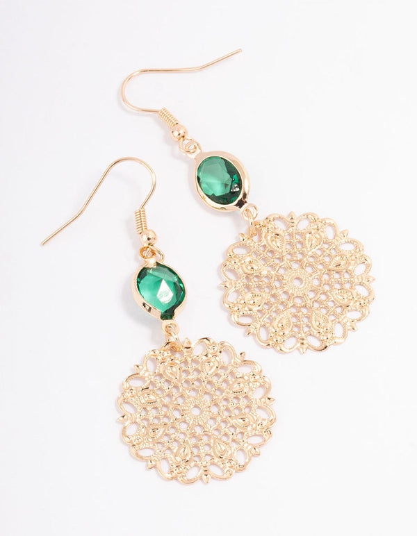 Green Oval & Boho Disc Drop Earrings