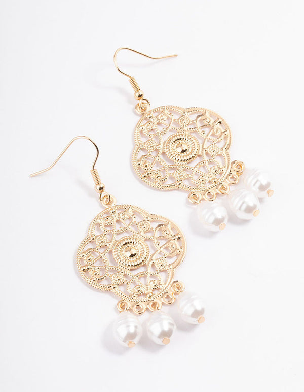 Gold Triple Pearl Filigree Drop Earrings