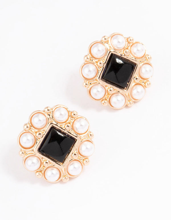 Gold Square Pearl Halo Stud Earrings