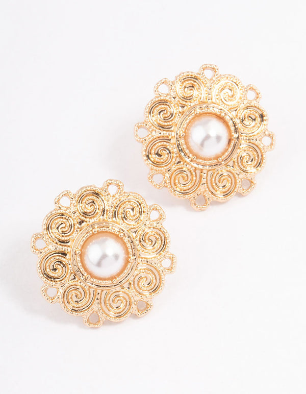 Gold Swirl Pearl Flower Stud Earrings