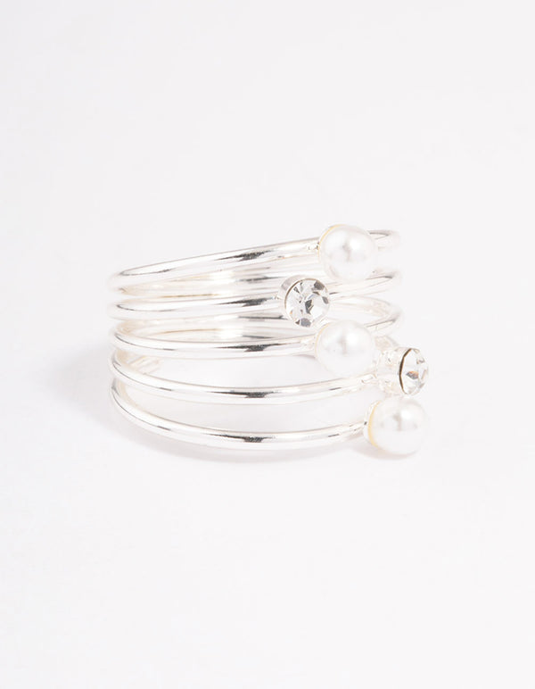 Silver Diamante & Pearl Twisted Ring