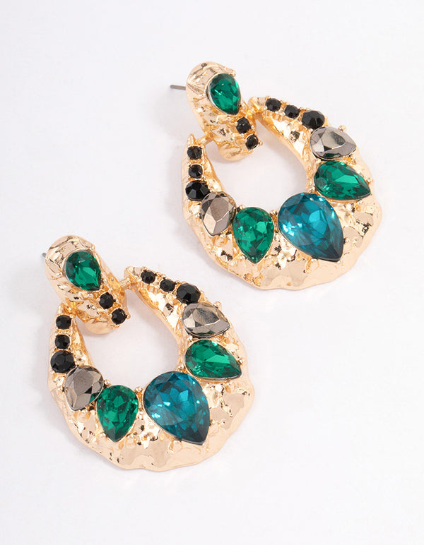 Green Mixed Stone Doorknocker Drop Earrings