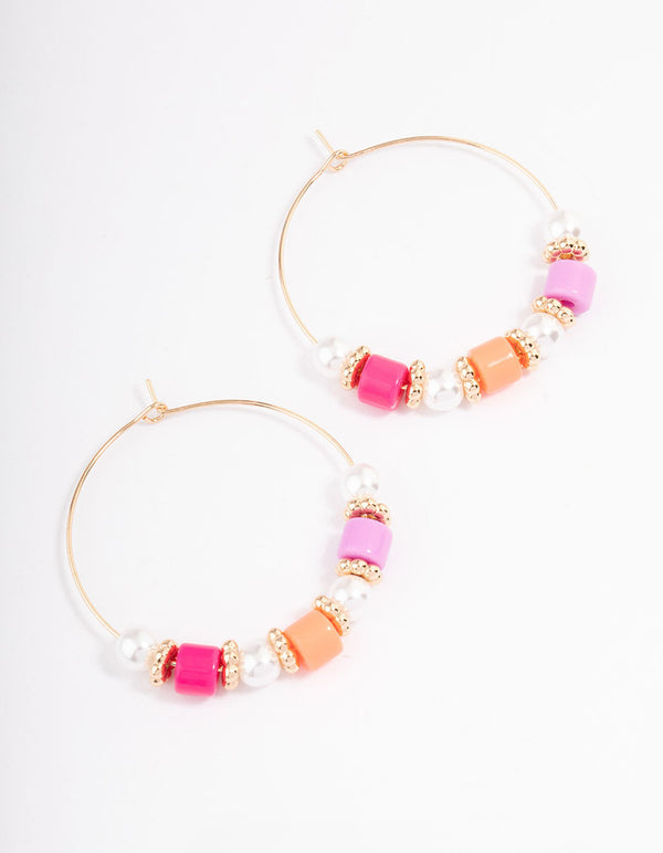 Gold Mixed Beaded Tube & Pearl Hoop Earrings