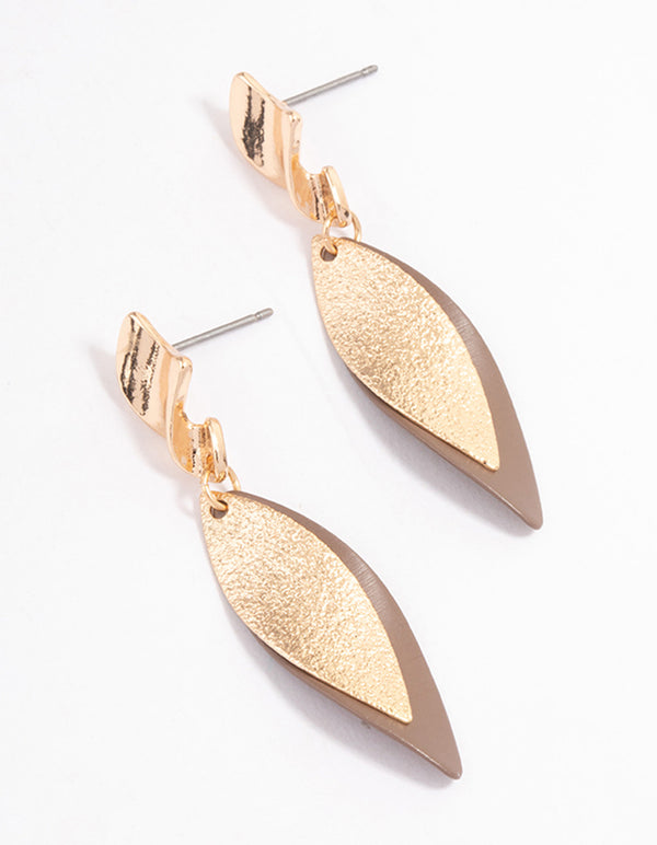 Brown Twisted Double Leaf Drop Earrings