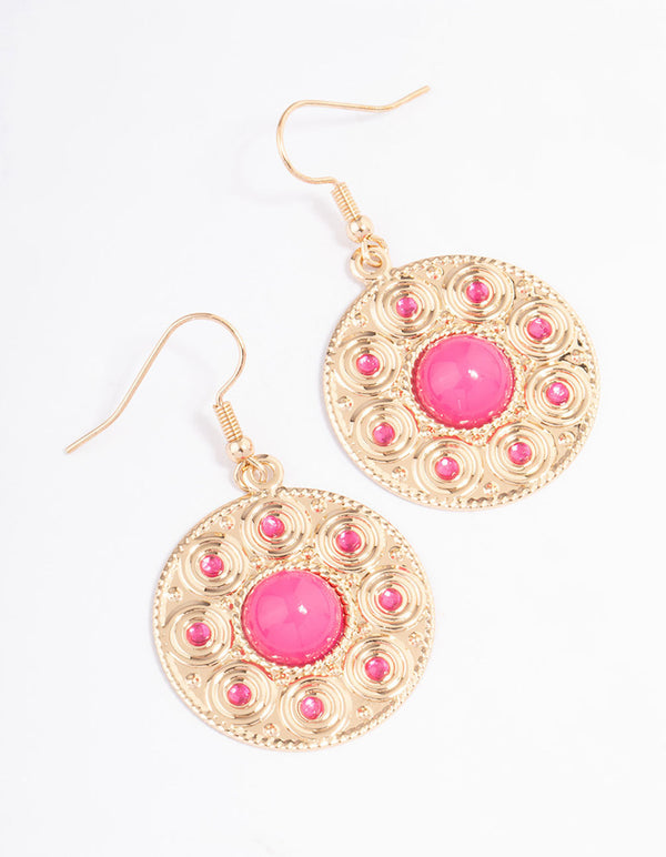 Fuchsia Round Diamante Ornate Drop Earrings