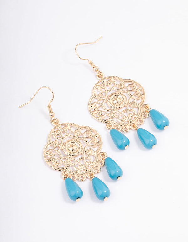 Teal Triple Beaded Ornate Drop Earrings