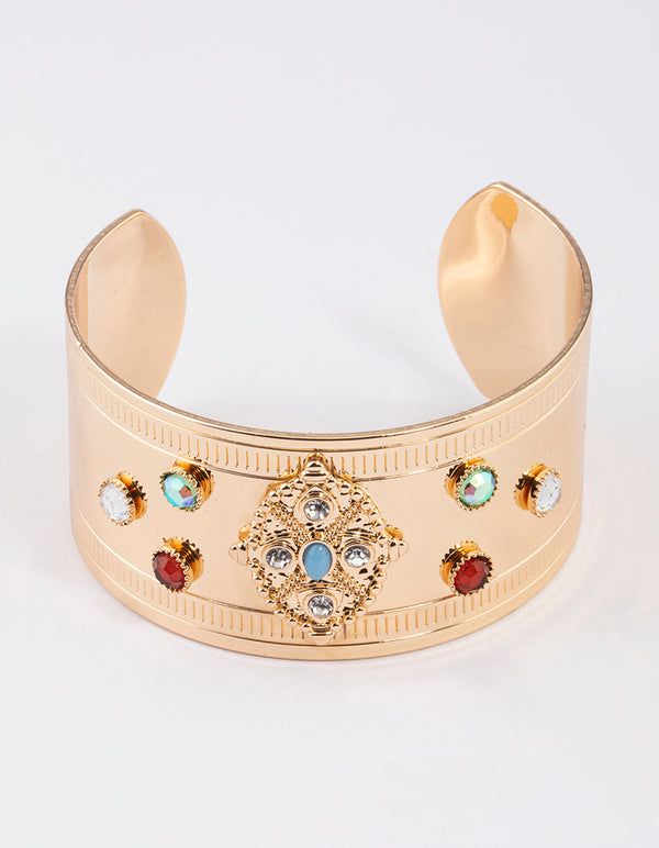 Gold Mixed Stone Cuff Bangle