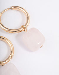 Gold Rose Quartz Square Pendant Huggie Earrings - link has visual effect only