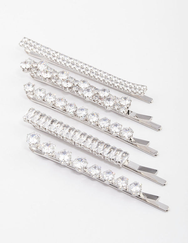 Rhodium Cubic Zirconia Mixed Stone Hair Clips 4-Pack