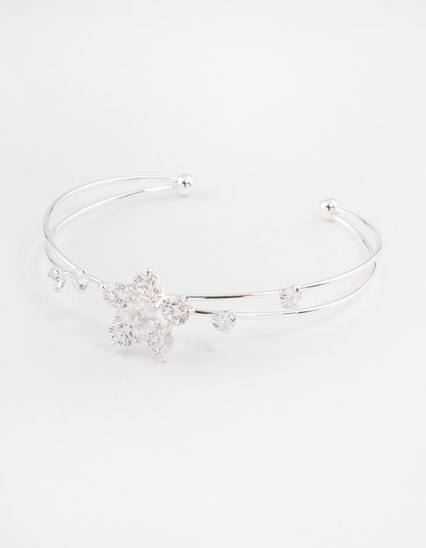 Silver Cubic Zirconia Flower Cross Over Cuff Bangle