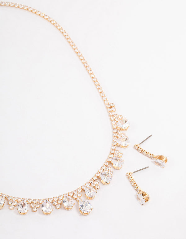 Gold Cubic Zirconia Cupchain Teardrop Jewellery Set