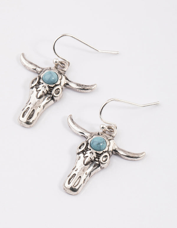 Antique Silver Boho Cow Drop Earrings