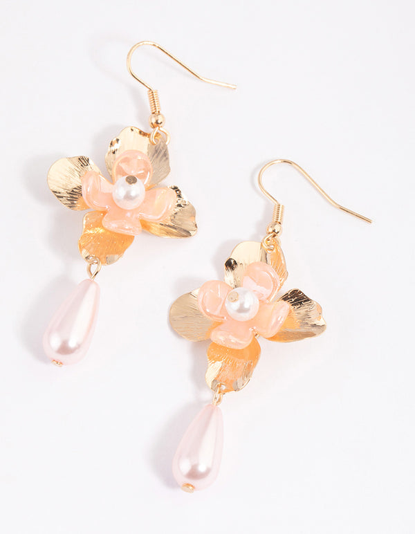 Blush Flower Pearl Droplet Drop Earrings