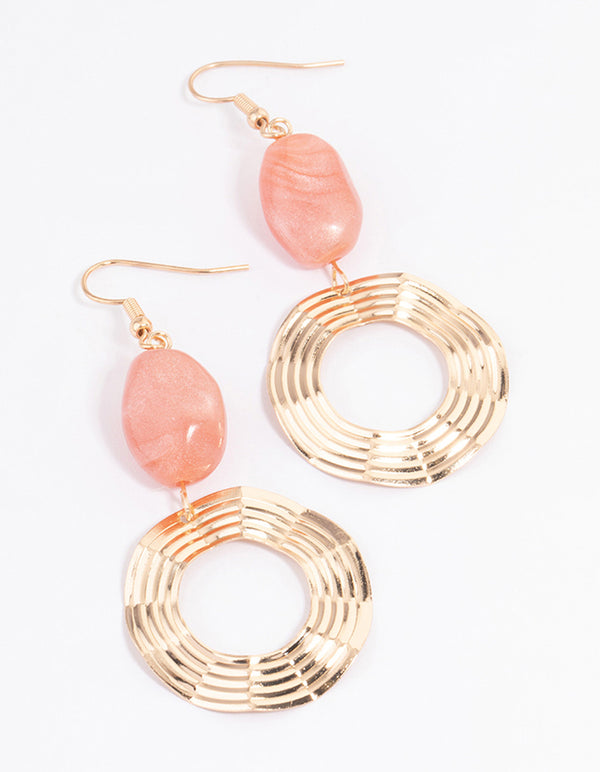 Peach Beaded Crinkle Circle Drop Earrings