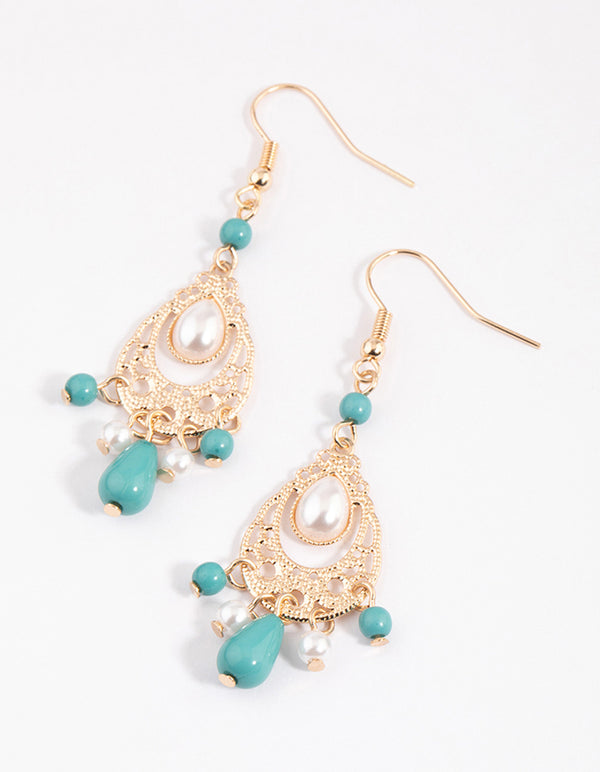 Turquoise Blue Bead & Pearl Drop Chandbali Earrings