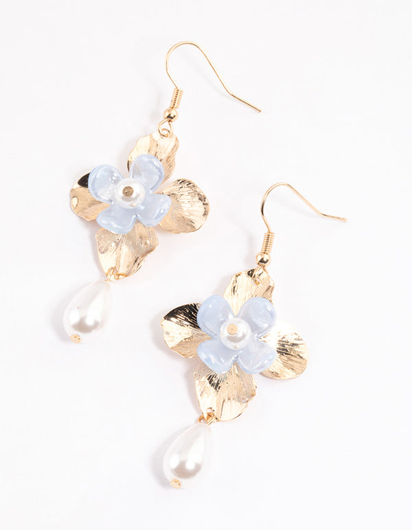 Blue Flower Pearl Droplet Earrings