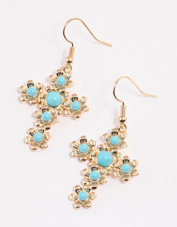 Turquoise Flower Cross Drop Earrings