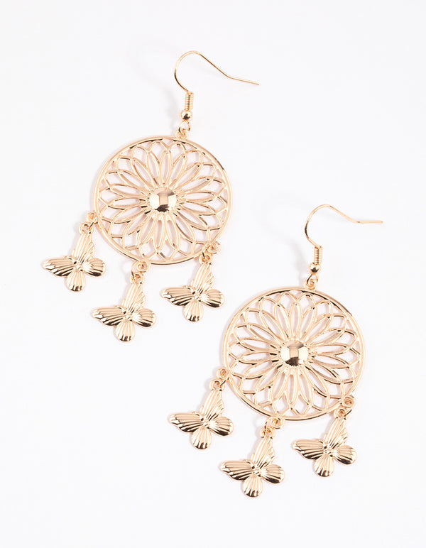 Gold Boho Dreamcatcher Drop Earrings