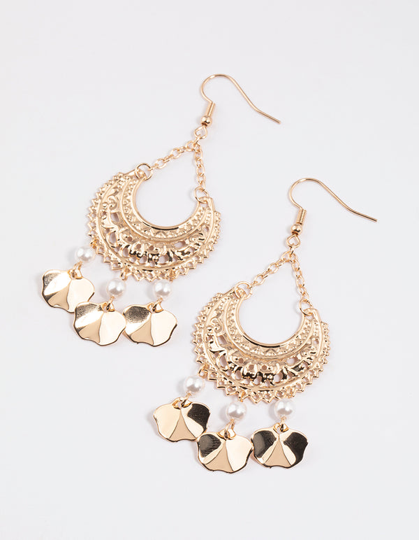 Gold Ornate Triple Fan Drop Earrings