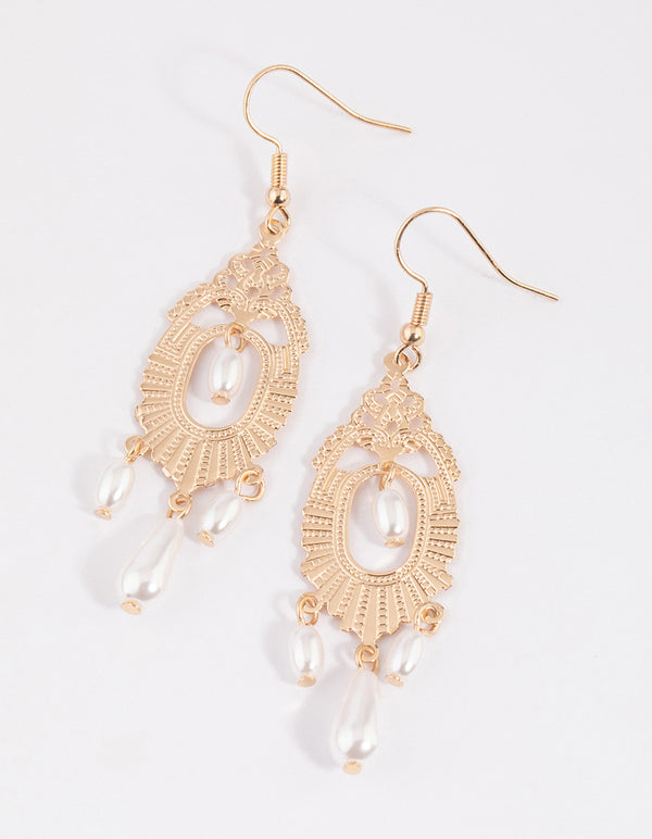 Gold Ornate & Pearl Drop Earrings