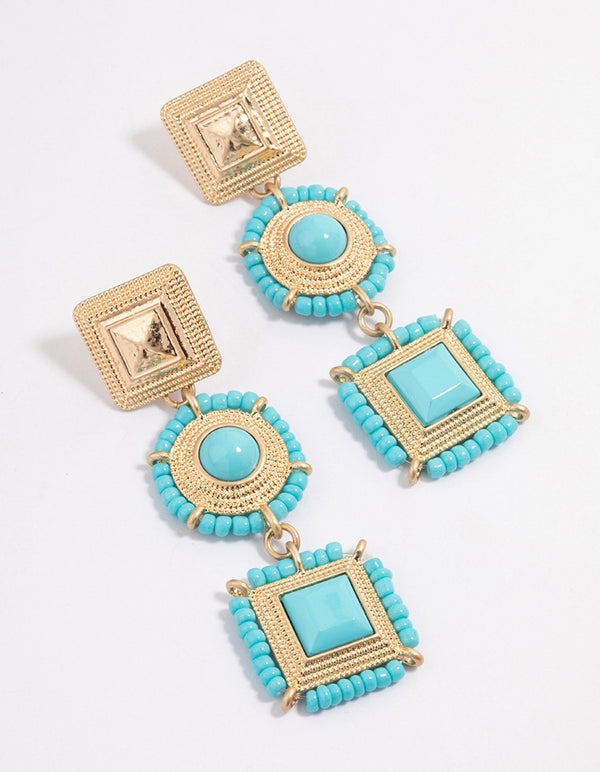 Gold Beaded Square Drop Earrings