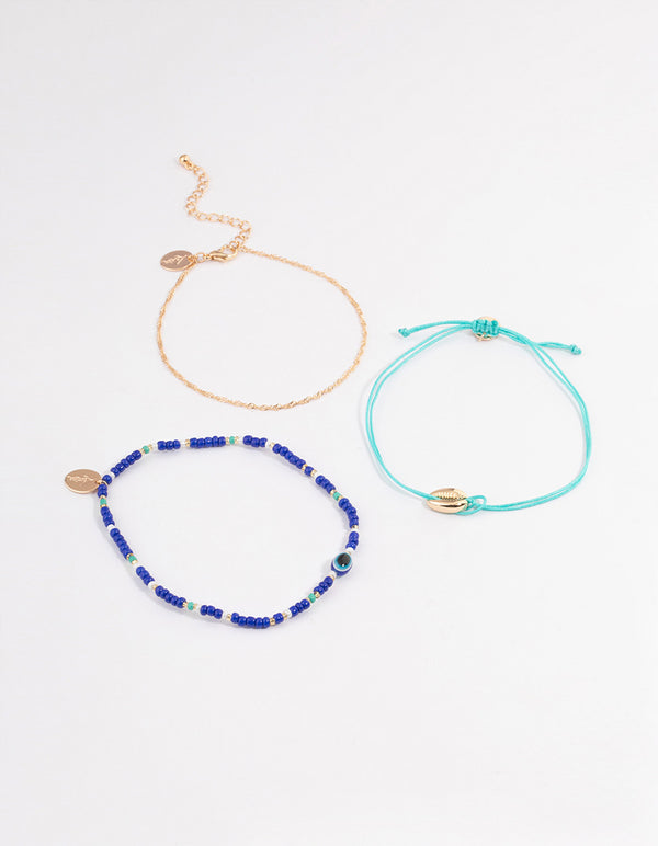 Gold Evil Eye Shell Anklet Pack