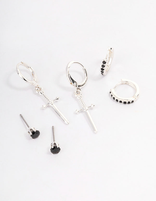 Silver Plated Cubic Zirconia Dagger Huggie Earrings Pack