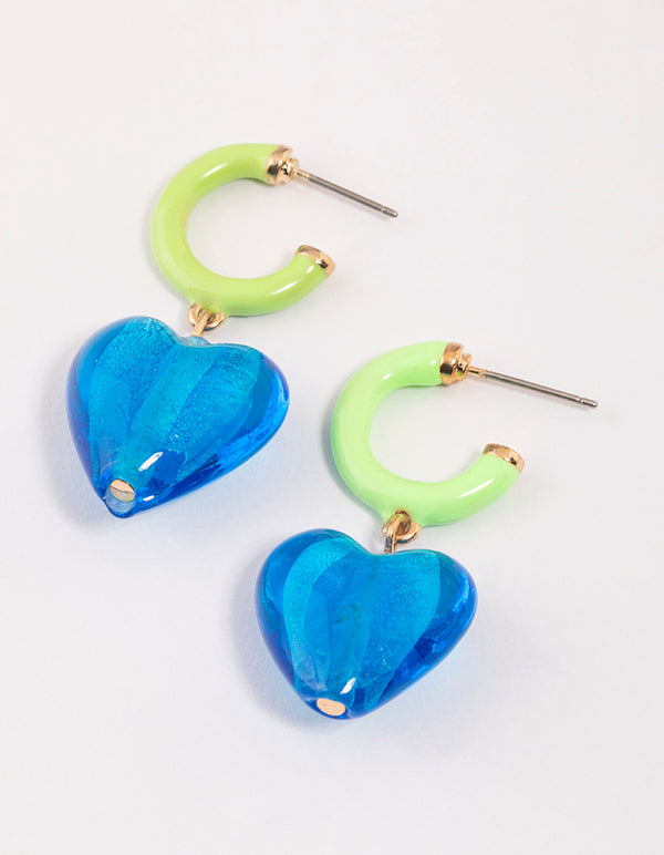 Blue Heart Drop Hoop Earrings