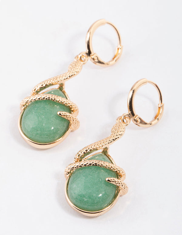 Gold Green Aventurine Snake Wrap Drop Earrings