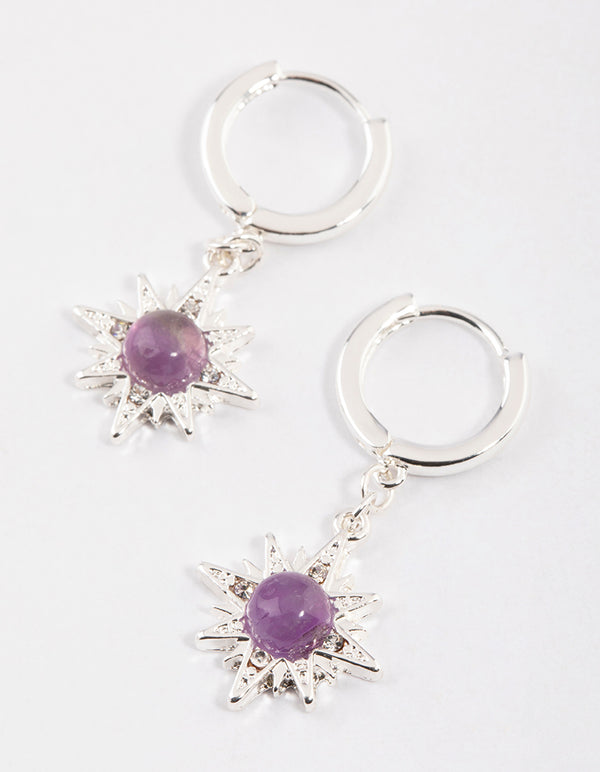 Silver Amethyst Starburst Huggie Earrings