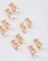 Gold Graduating Pearl Clip On Earrings 5-Pack - link has visual effect only