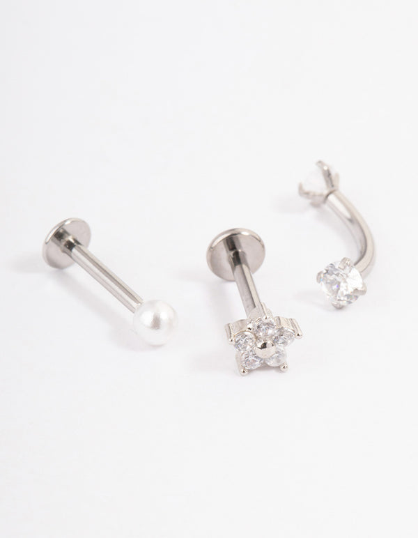 Surgical Steel Cubic Zirconia Pearl & Flower Earrings Pack